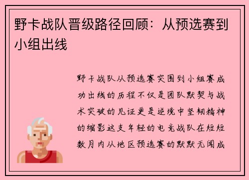野卡战队晋级路径回顾：从预选赛到小组出线